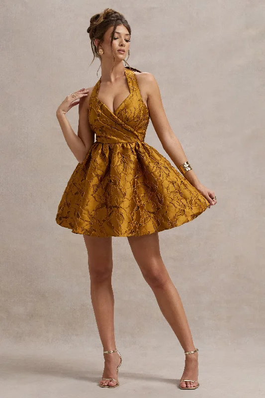 Mini Dresses with Frilly Sleeves -Pixi | Mustard Floral Print Sweetheart Neck Mini Dress