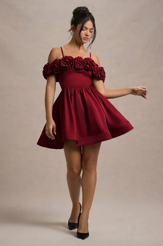 Mini Dresses for Literary Events -Poppy Dream | Berry Satin Floral Skater Mini Dress