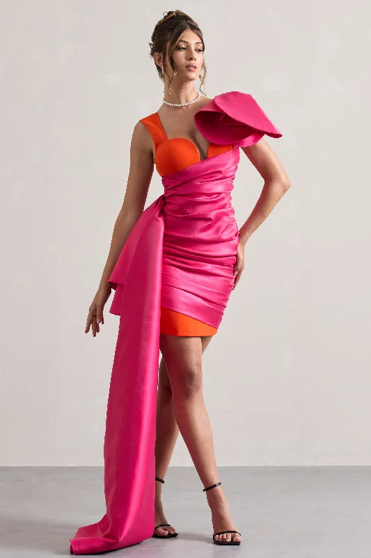 Mini Dresses with Hip Pockets -Rare | Pink & Orange Satin Wrap Mini Dress Peplum Drape