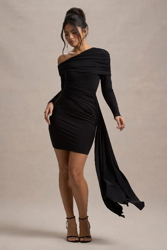 Mini Dresses for Film Nights -Savita | Black Ruched Asymmetric Mini Dress With Drape