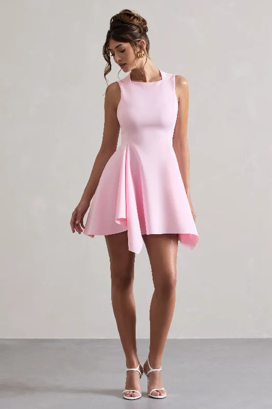 Mini Dresses in Soft Satin -Scout | Pink Sleeveless Draped Hem Mini Dress