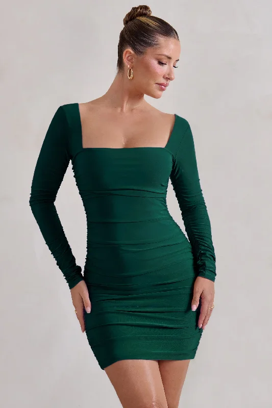 Bare Shoulder Mini Dresses -Muse | Green Long Sleeve Square Neck Ruched Mini Dress