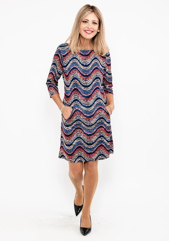 Mini Dresses with Ruffled Front -Seventy1 Metallic Pattern Knit Mini Dress, Navy Multi