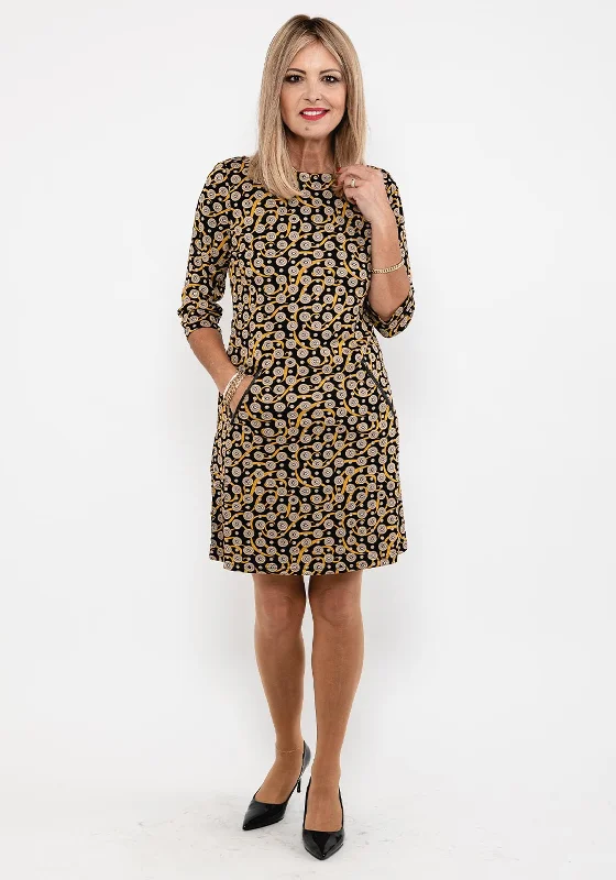 Mini Dresses for Day Fun -Seventy1 Circle & Swirl Print Mini Dress, Black & Yellow