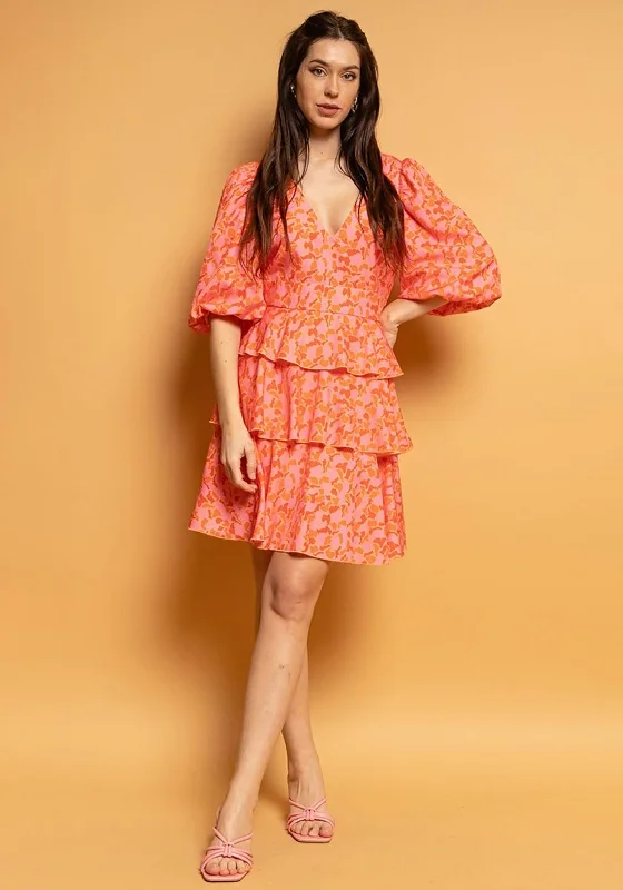 Boho Mini Dresses for Summer -Seventy1 Bishop Sleeve Tiered Mini Dress, Orange & Pink