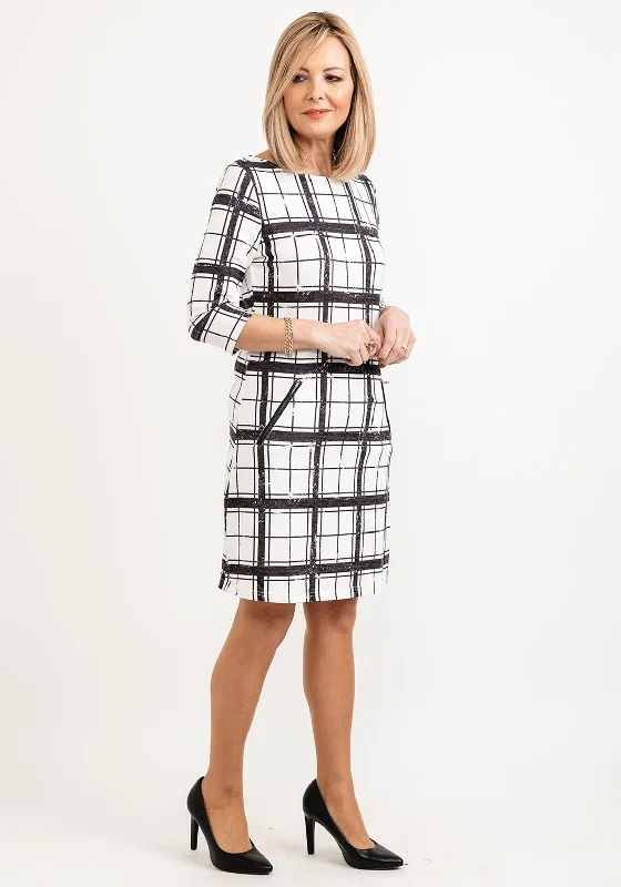 Mini Dresses for Night Brunch -Seventy1 Faded Plaid Print Mini Shift Dress, White & Grey