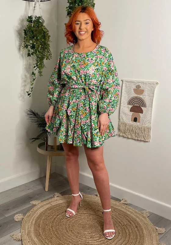 Mini Dresses with Button Straps -Seventy1 One Size Floral Batwing Sleeve Mini Dress, Green