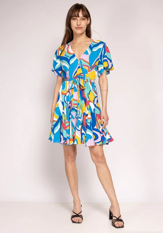 Turquoise Mini Dresses for Parties -Seventy1 Vibrant Print Pleated Mini Dress, Blue Multi