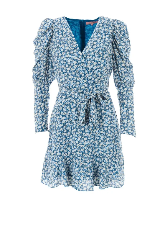 Mini Dresses with Loose Skirt -Seventy1 Volume Sleeve Daisy Print Mini Dress, Blue