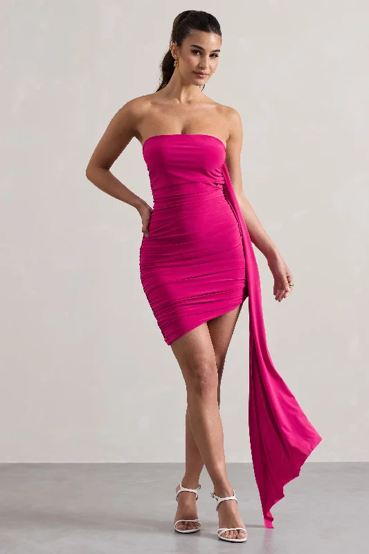 Mini Dresses with Gathered Sides -Siena | Hot Pink Ruched Asymmetric Mini Dress With Sash