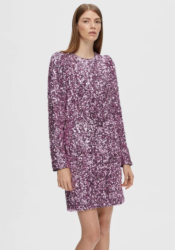 Mini Dresses in Pure Cotton -Selected Femme Colyn Sequin Embellished Mini Dress, Pink Lavender