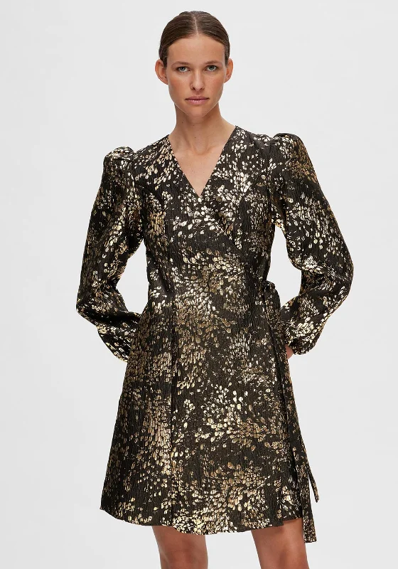 Mini Dresses in Fine Florals -Selected Femme Paula Metallic Jacquard Mini Dress, Antique Gold