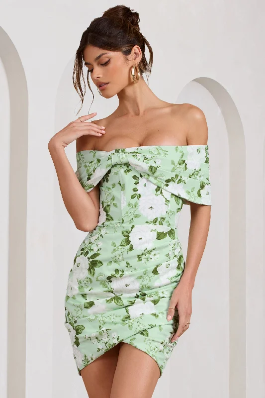 Mini Dresses with Side Ruching -Snowdrop | White & Green Floral Print Wrap Mini Dress