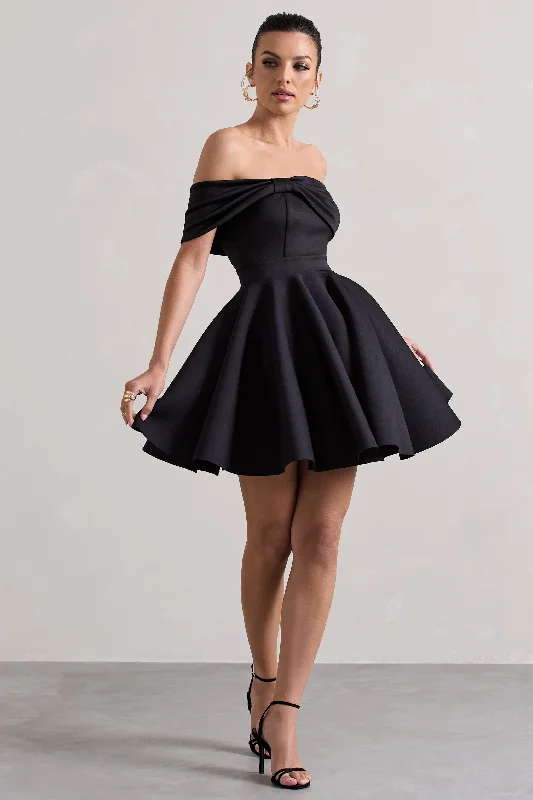 Casual Mini Dresses for Daytime -Snowfall | Black Bardot Bow Skater Mini Dress