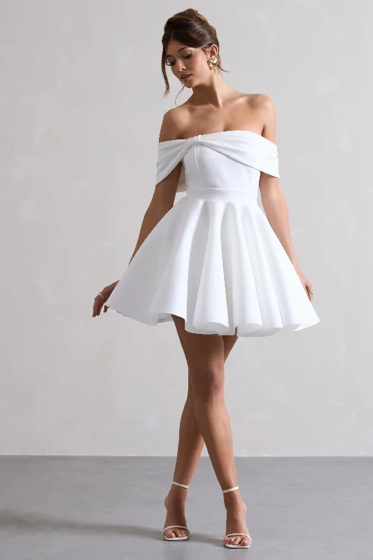 Mini Dresses for Board Game Nights -Snowfall | White Bardot Bow Skater Mini Dress