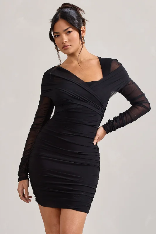 Mini Dresses in Soft Shine -Sparks Fly | Black Ruched Mesh Long-Sleeved Bodycon Mini Dress