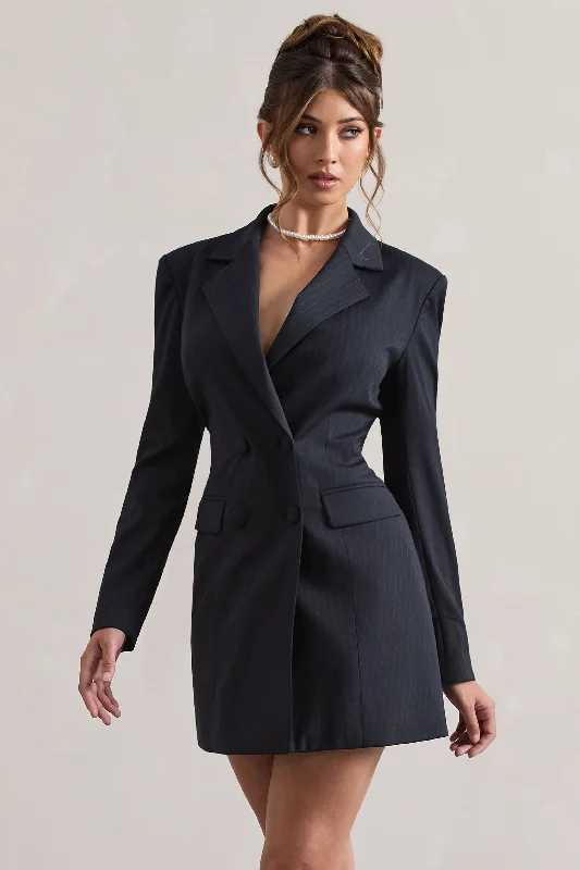 Mini Dresses with Crisscross Straps -State Of Mind | Navy Pinstripe Tailored Blazer Mini Dress