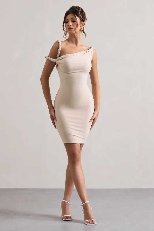 Mini Dresses in Gradient Colors -Tali | Champagne Twisted Asymmetric Bodycon Mini Dress