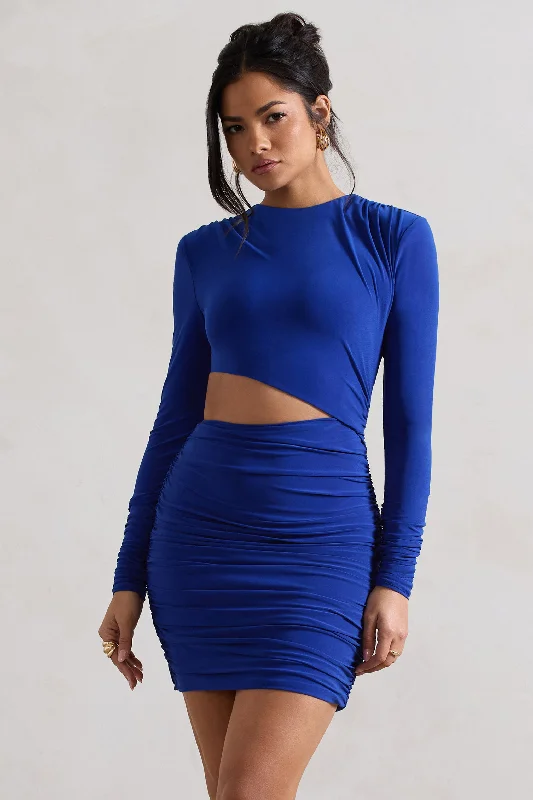 Mini Dresses for Home Parties -Tana | Royal Blue Ruched Bodycon Long Sleeve Cut-Out Mini Dress