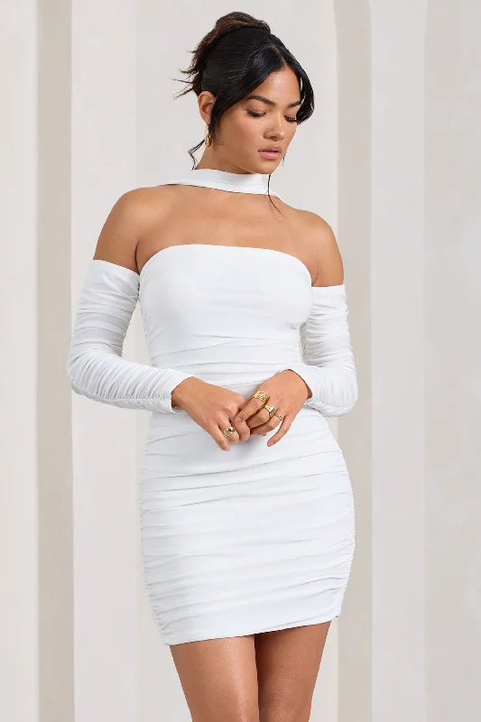 Mini Dresses for Game Fun -Thea | White Ruched Long-Sleeved Bodycon Mini Dress With Halter Collar