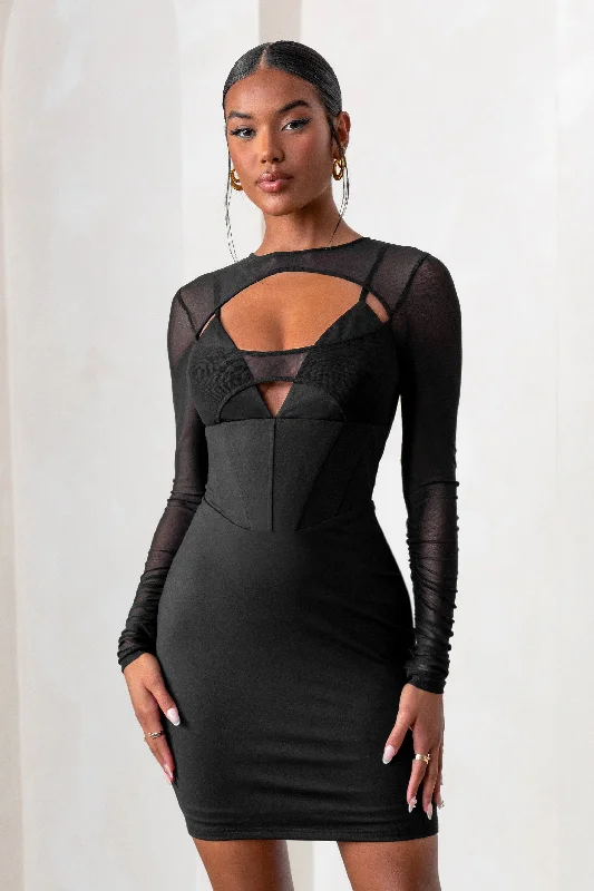 Mini Dresses for Club Nights -This Moment | Black High Neck Cut Out Mini Dress With Mesh Sleeves