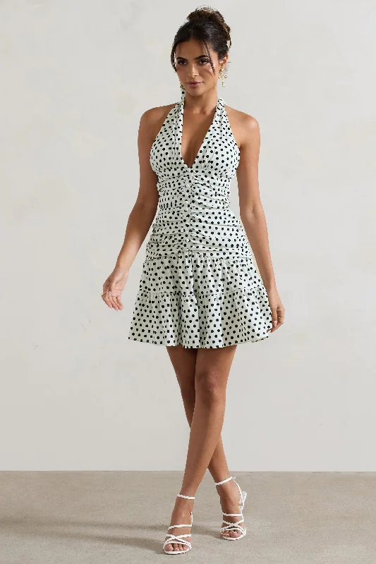 Mini Dresses in Cool Cotton -Verde | White Polka Dot V-Neck Ruched Mini Dress With Flared Hem