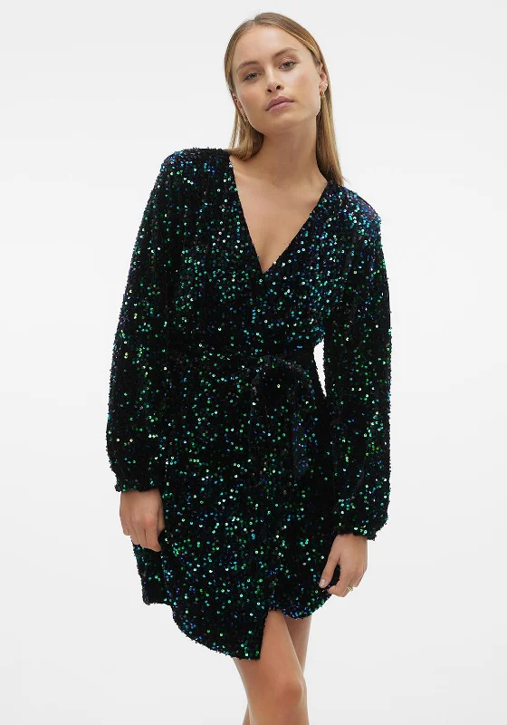 Mini Dresses with Bubble Edge -Vero Moda Bella Sequin Wrap Mini Dress, Black