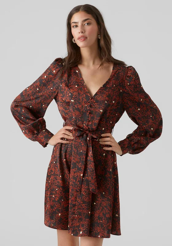 Mini Dresses for Lunch Outings -Vero Moda Eya V-Neck Mini Print Dress, Red Ochre