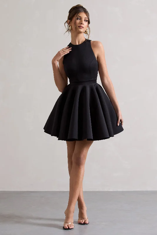 Mini Dresses with Side Twist -Waverly | Black Racer-Neck Sleeveless Skater Mini Dress