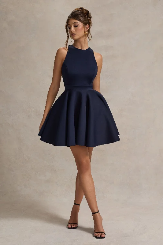 Mini Dresses with Draped Arms -Waverly | Navy Racer-Neck Sleeveless Skater Mini Dress