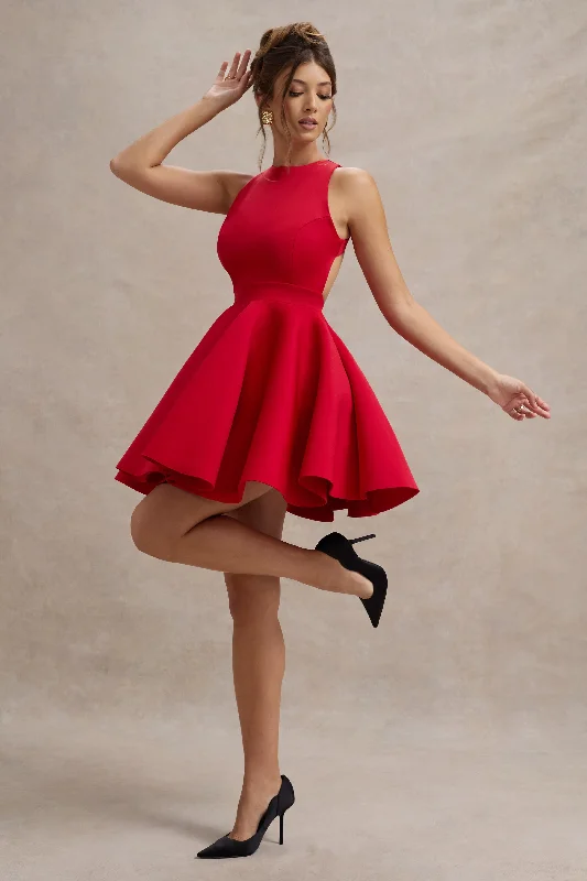 Mini Dresses with Frilled Neck -Waverly | Red Racer-Neck Sleeveless Skater Mini Dress