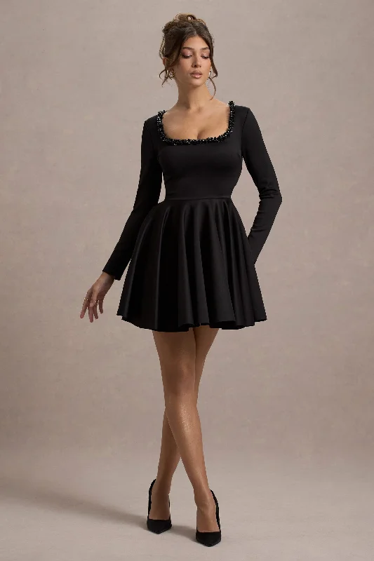 Mini Dresses with Side Snaps -Wilder | Black Square-Neck Long-Sleeve Skater Mini Dress