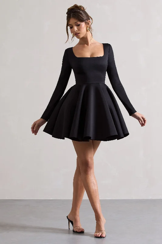 Mini Dresses in Soft Cotton -Winslet | Black Square-Neck Skater Mini Dress