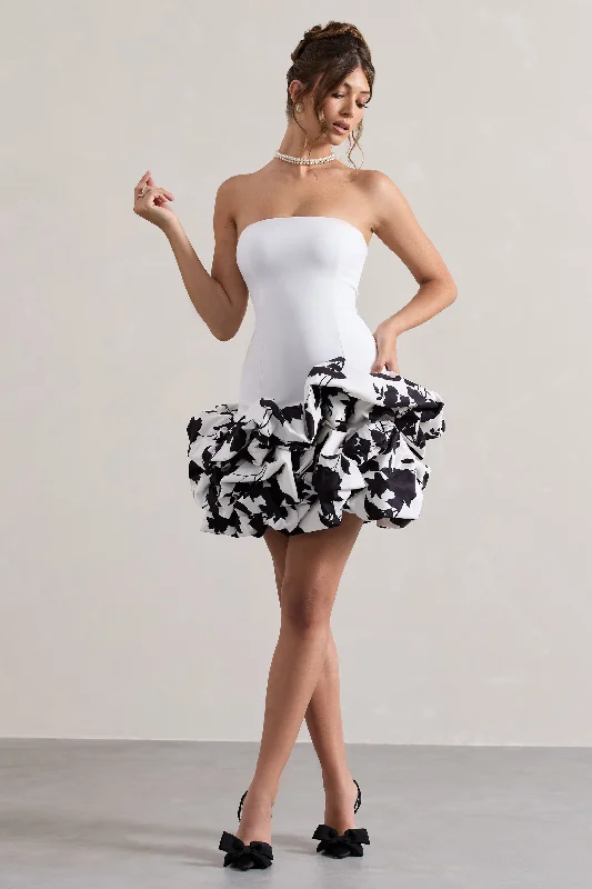 Mini Dresses for Dance Events -Work Of Art | Cream Floral Print Strapless Ruffle Mini Dress