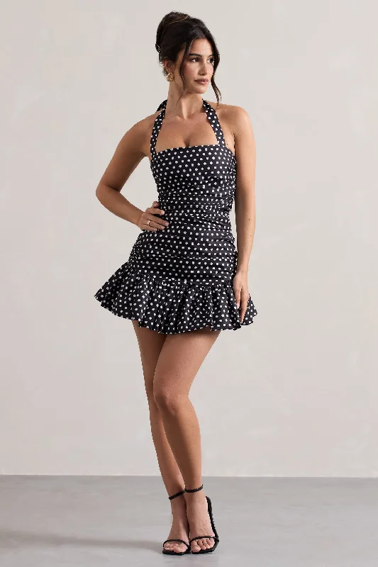 Mini Dresses with Angular Neck -Zahra | Black & White Polka Dot Halter-Neck Ruched Mini Dress With Ruffle Hem