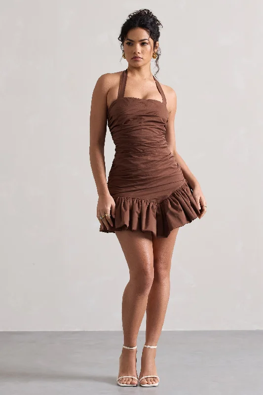 Mini Dresses with Ruffled Front -Zahra | Chocolate Brown Halter-Neck Ruched Mini Dress With Ruffle Hem