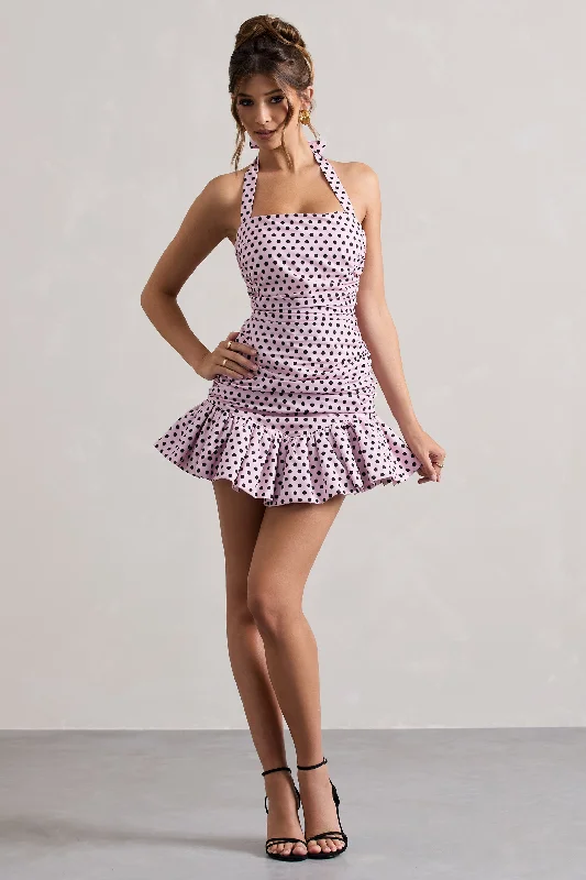 Mini Dresses with Net Sleeves -Zahra | Pink & Black Polka Dot Halter-Neck Ruched Mini Dress With Ruffle Hem