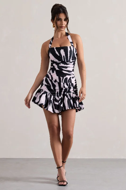 Mini Dresses with Front Slits -Zahra | Zebra Print Halter-Neck Ruched Mini Dress With Ruffle Hem