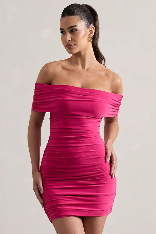 Mini Dresses for Shore Nights -Zeta | Dark Pink Bodycon Bardot Mini Dress