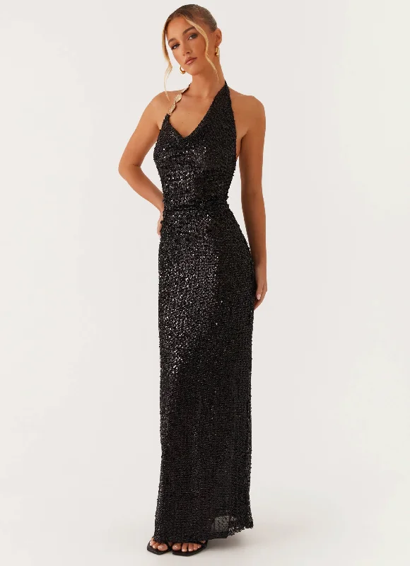 Maxi Dresses in Cool Silk -After Tonight Sequin Cowl Neck Maxi Dress - Black