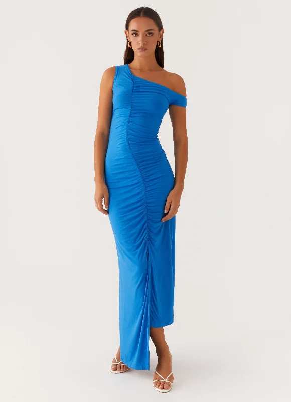 Maxi Dresses with Flared Skirt -Anaya Ruched Asymmetrical Maxi Dress - Azure