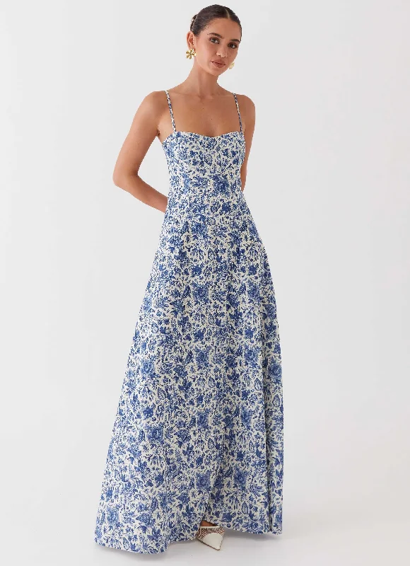 Maxi Dresses in Matte Velvet -Angelina Linen Maxi Dress - Blue Paisley