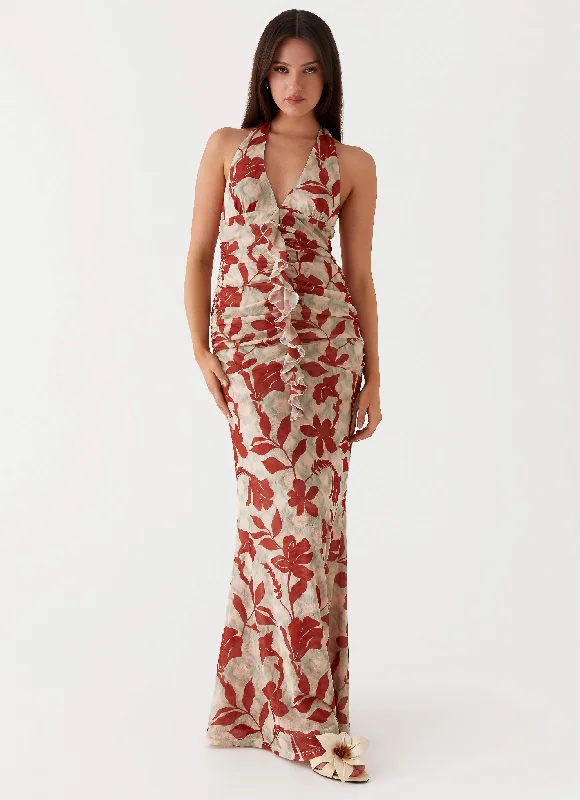 Maxi Dresses in Rich Wool -Ardenia Halter Maxi Dress - Red Green Floral