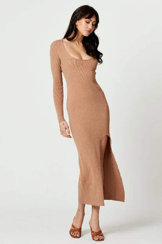 Maxi Dresses in Soft Silk -Beige High Split Knit Maxi Dress