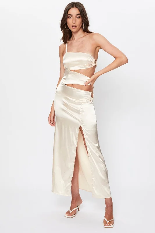 Maxi Dresses with Short Sleeves -Beige Tie Side Cut Out Maxi Dress