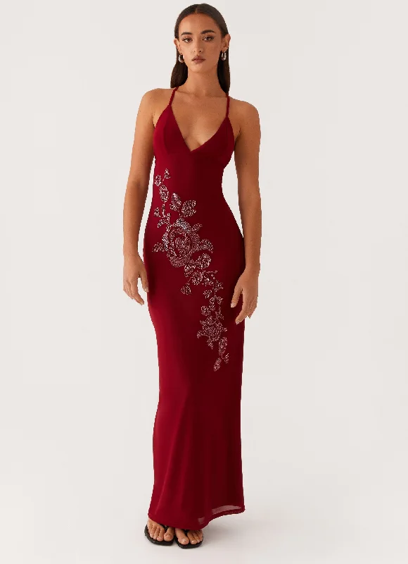 Maxi Dresses in Metallic Finish -Beki Beaded Mesh Maxi Dress - Deep Red