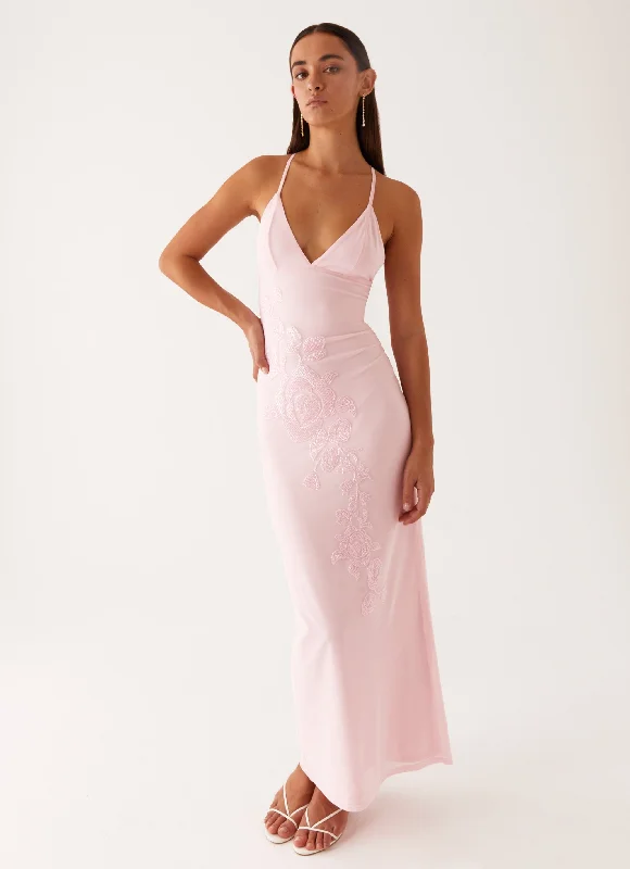 Maxi Dresses with Button Chill -Beki Beaded Mesh Maxi Dress - Pink