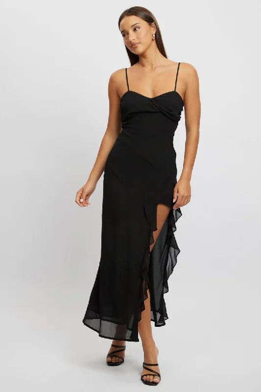 Maxi Dresses in Retro Style -Black Bodycon Dress Maxi Ruffle Slit Chiffon