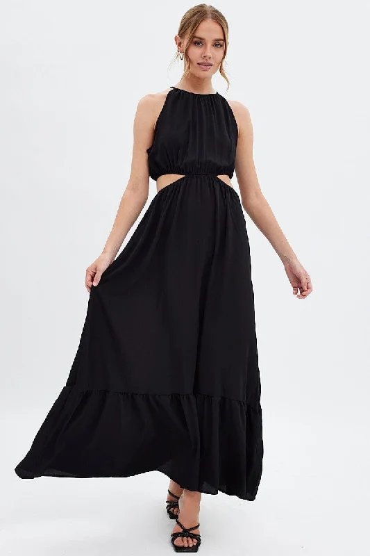 Maxi Dresses with Beaded Details -Black Cutout Maxi Dress