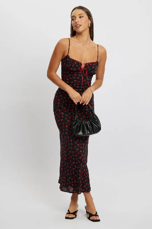 Maxi Dresses in Trendy Styles -Black Ditsy Maxi Dress Lace Satin Tape